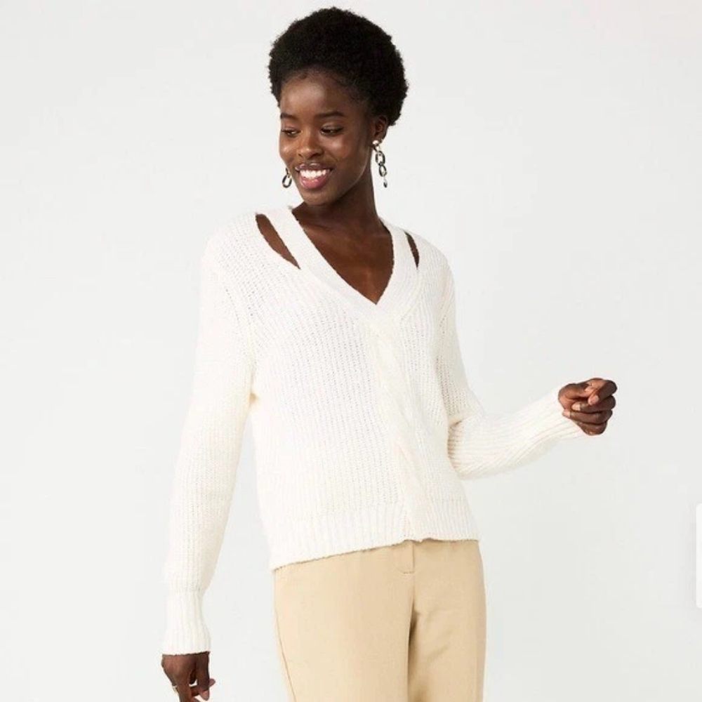 Nine West Knit Women's White / Cream V-Neck Sweater Size L